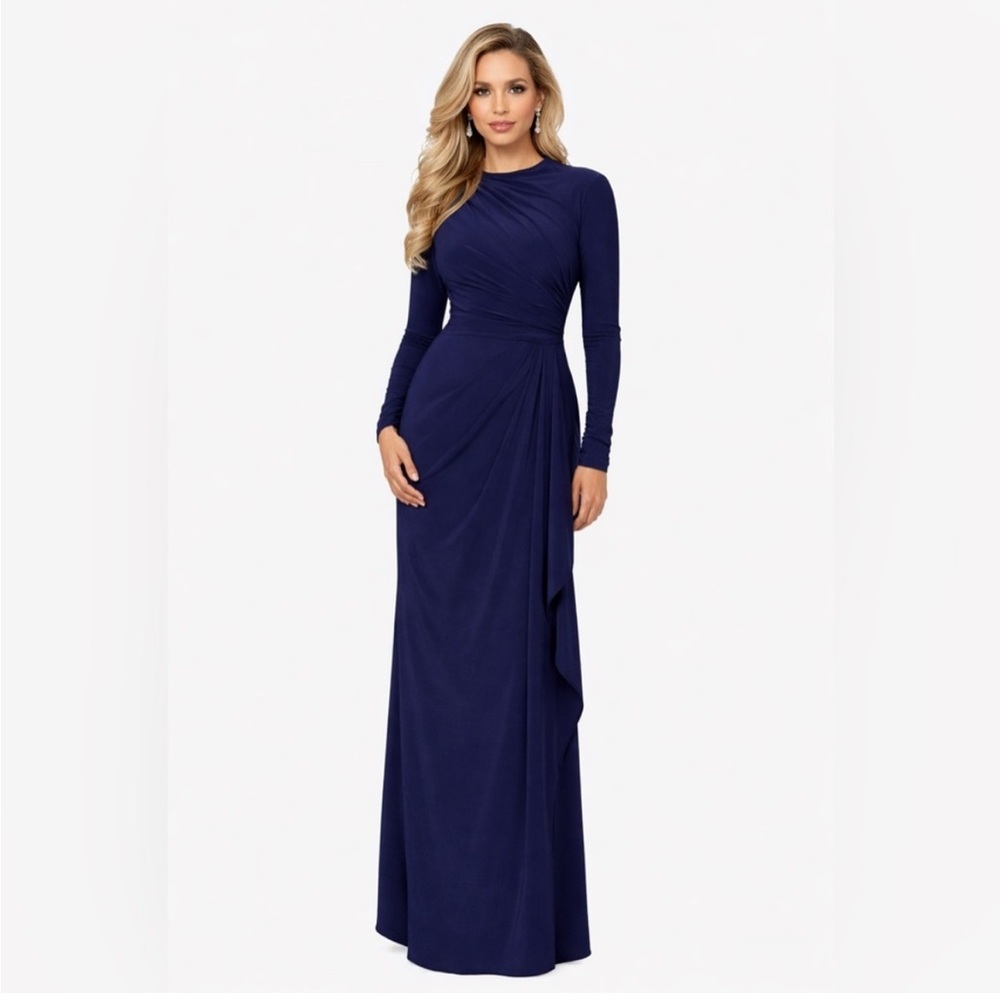 Betsy & Adam Navy Long Sleeve Draped Evening Gown NWT SZ 10 Formal Dress MODEST